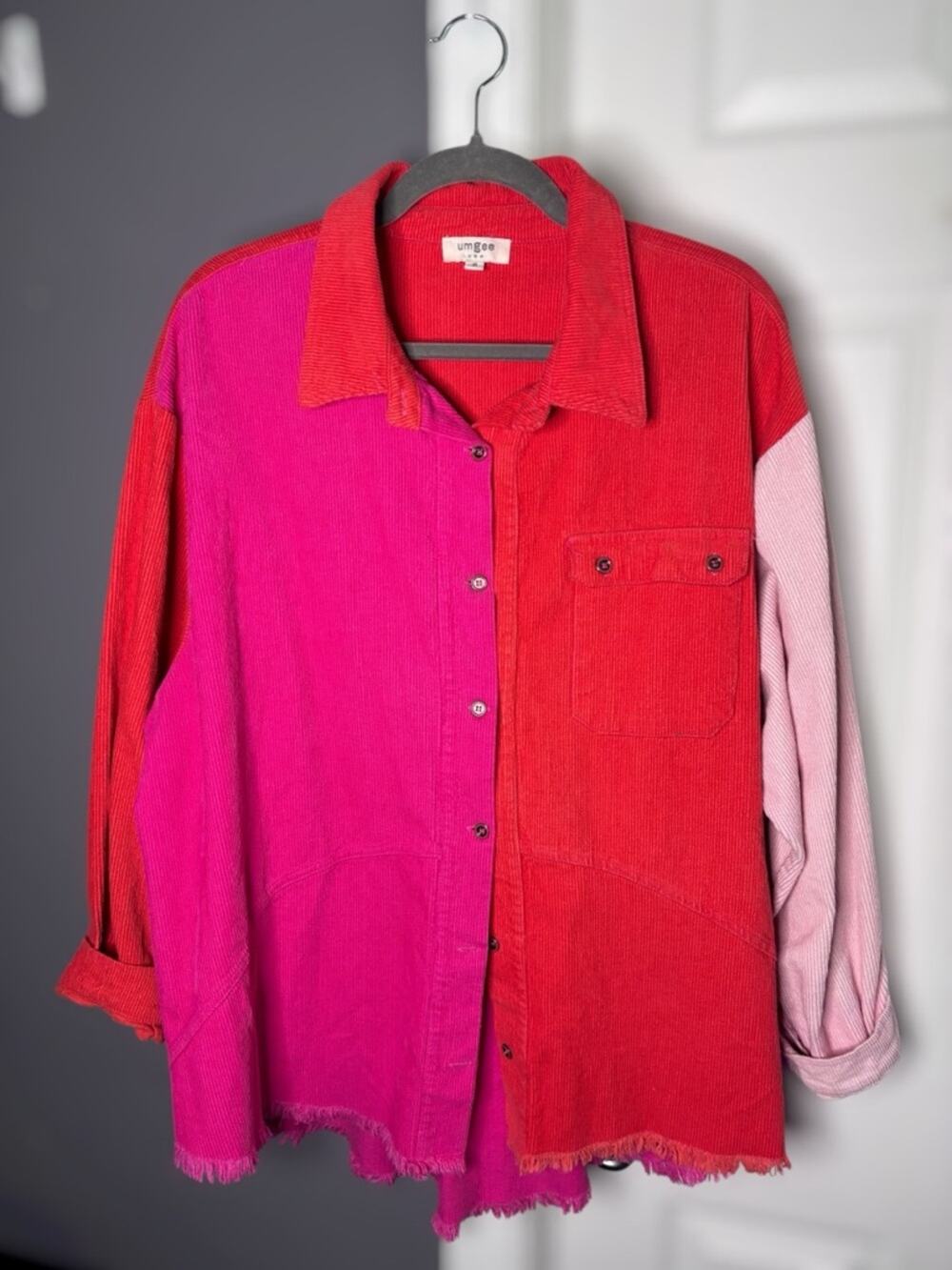 Umgee Pink Orange Color Block Corduroy Button Down Shirt Medium